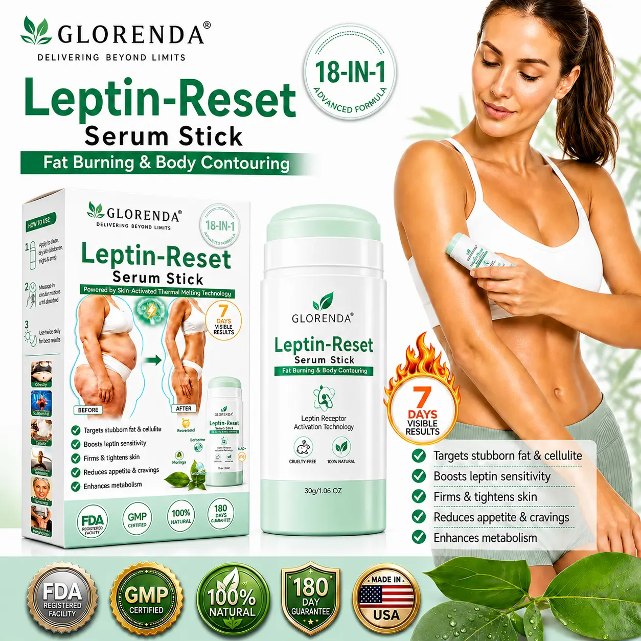 GLORENDA 18-in-1 Leptin-Reset Serum Stick Targeted Metabolic Reset & Body Contouring Balm · Painless & Non-Invasive