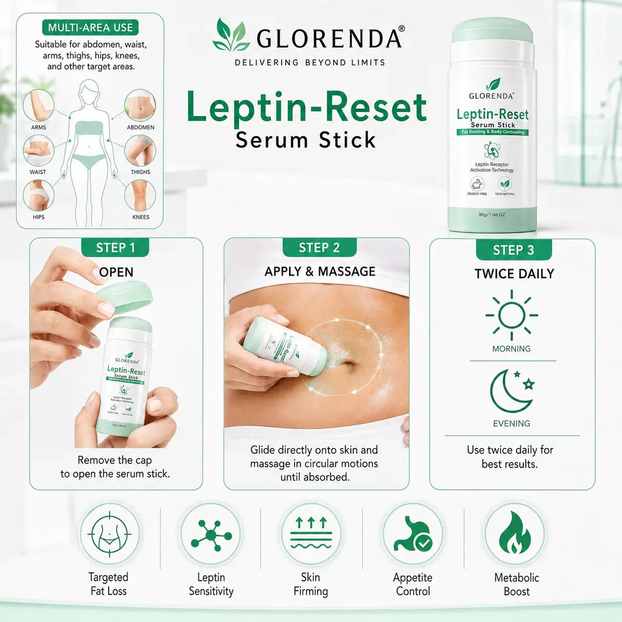 GLORENDA 18-in-1 Leptin-Reset Serum Stick Targeted Metabolic Reset & Body Contouring Balm · Painless & Non-Invasive - Image 8